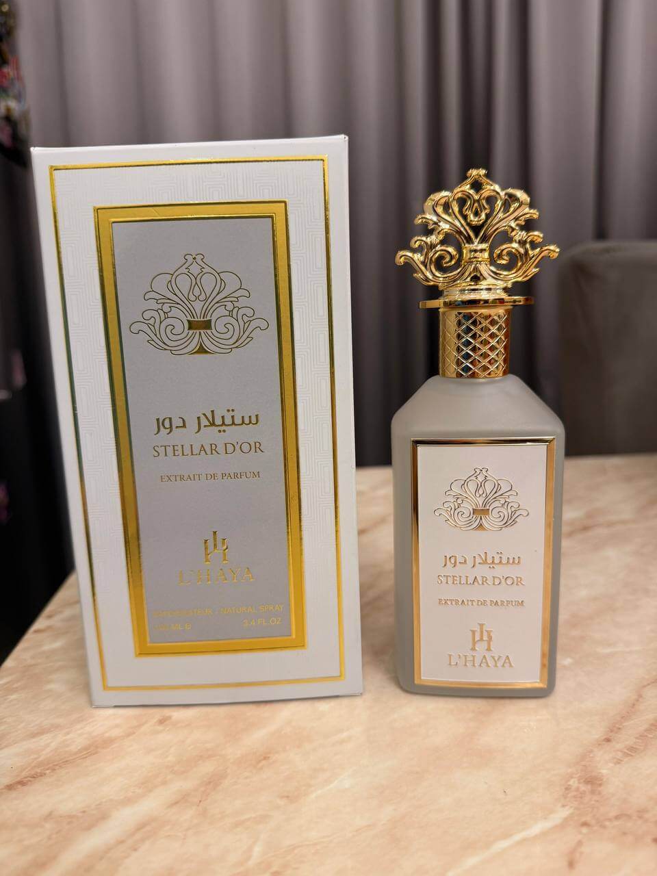 Shop L’Haya Stellar D’or Extrait de Parfum 100ml – a radiant floral, amber, and woody unisex fragrance. Elegant, sophisticated, and long-lasting.