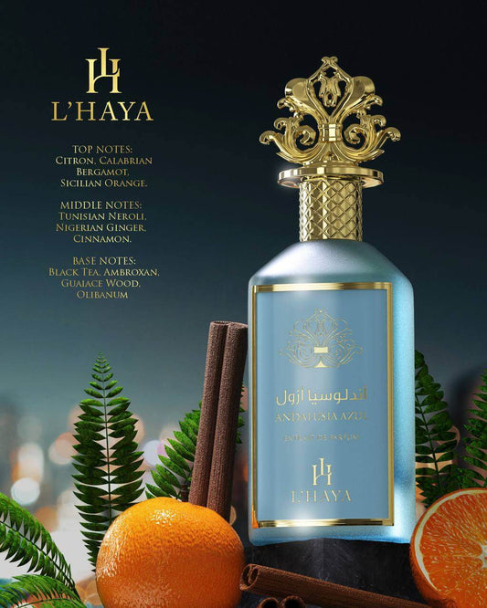 Shop L’Haya Andalucía Azul Extrait de Parfum 100ml – a luxurious citrus, floral, and woody unisex fragrance. Elegant, bold, and long-lasting.