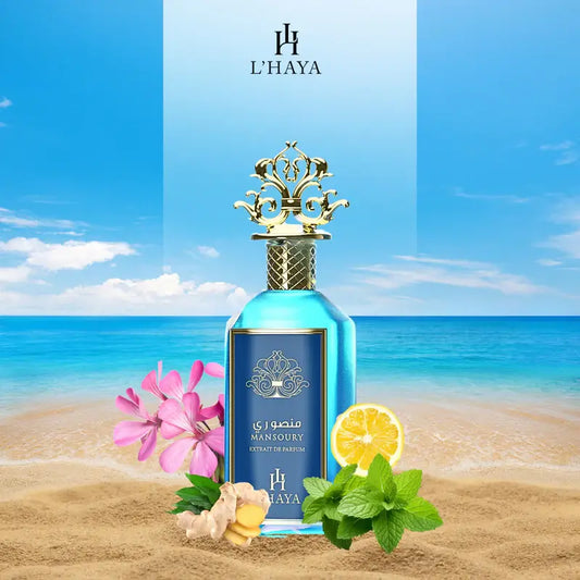 Shop L’Haya Mansoury Extrait de Parfum 100ml – a vibrant unisex luxury fragrance with citrus, mint, ginger, and floral-woody depth. Elegant, modern, and long-lasting.