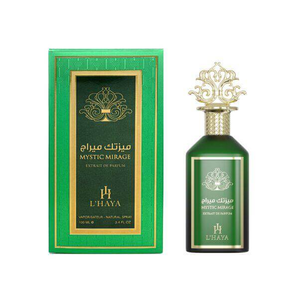Shop L’Haya Mystic Mirage Extrait de Parfum 100ml – a vibrant luxury fragrance with citrus, mint, and woody-herbal accords. Elegant, modern, and long-lasting.