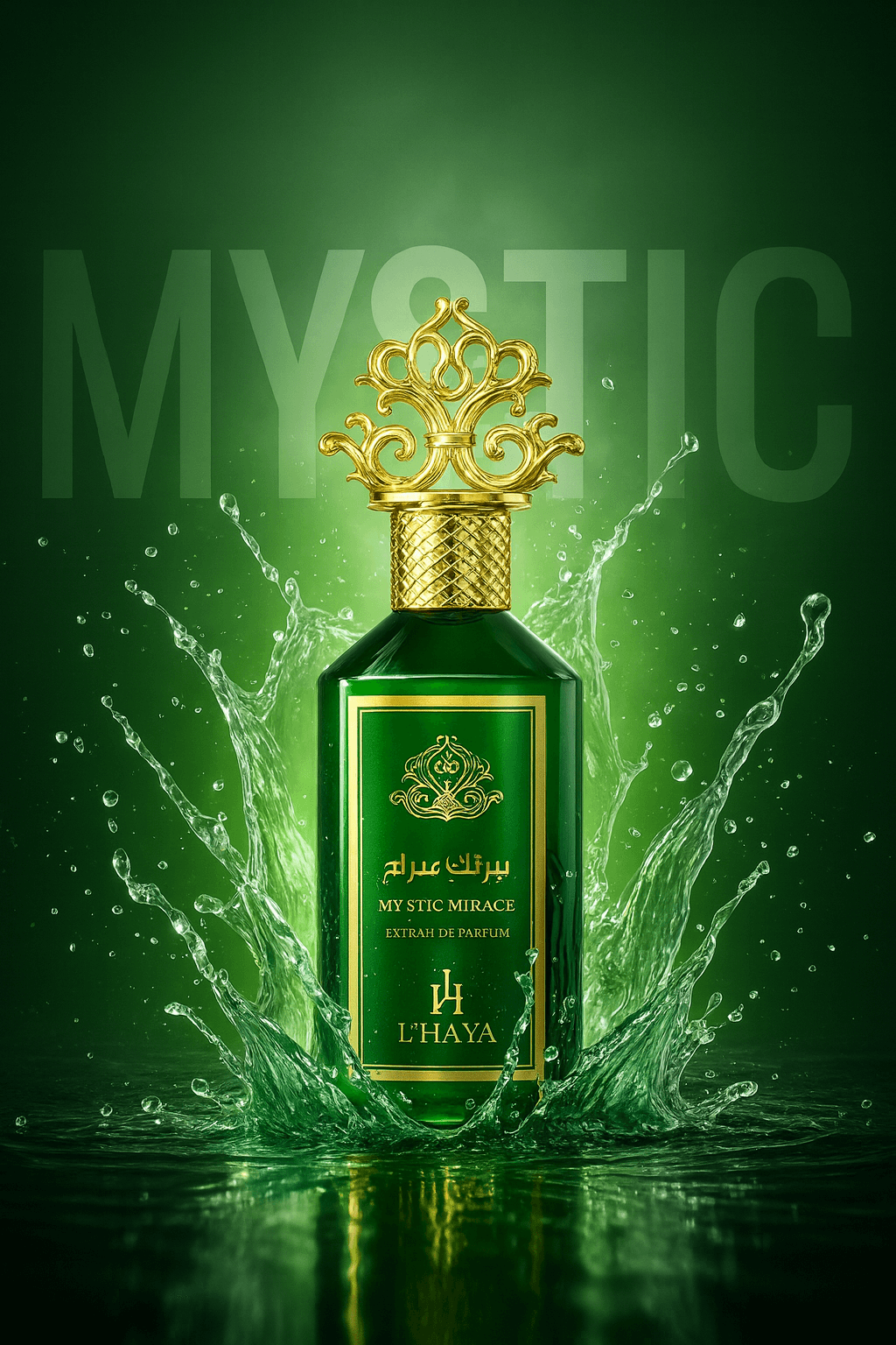 Shop L’Haya Mystic Mirage Extrait de Parfum 100ml – a vibrant luxury fragrance with citrus, mint, and woody-herbal accords. Elegant, modern, and long-lasting.