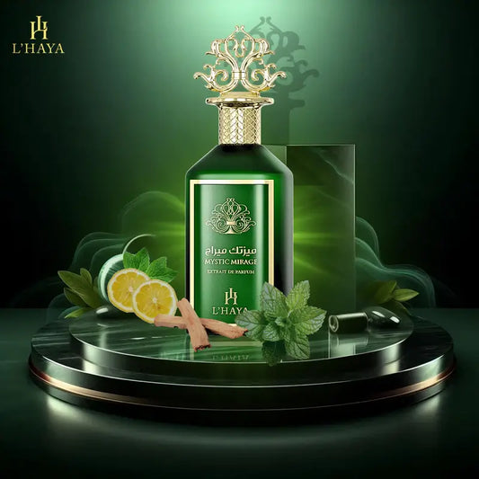 Shop L’Haya Mystic Mirage Extrait de Parfum 100ml – a vibrant luxury fragrance with citrus, mint, and woody-herbal accords. Elegant, modern, and long-lasting.