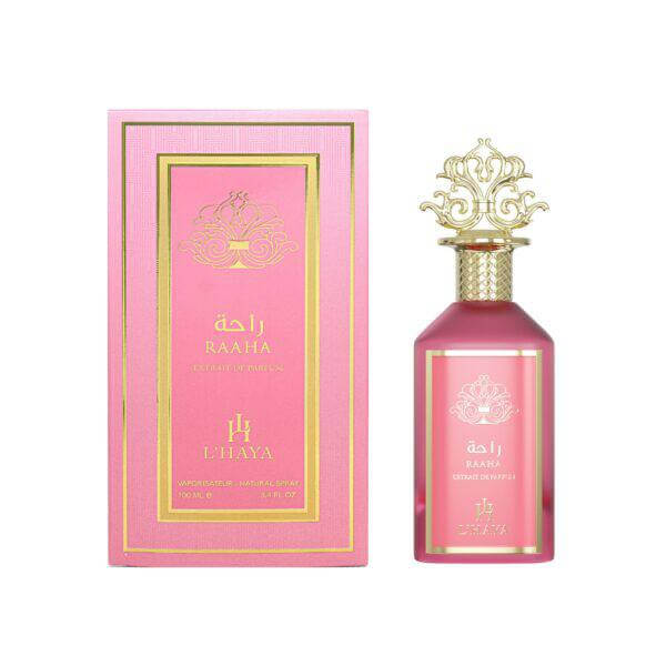 Shop L’Haya Raaha Extrait de Parfum 100ml – a feminine luxury fragrance with lychee, florals, vanilla, and warm sensual notes. Elegant and long-lasting.