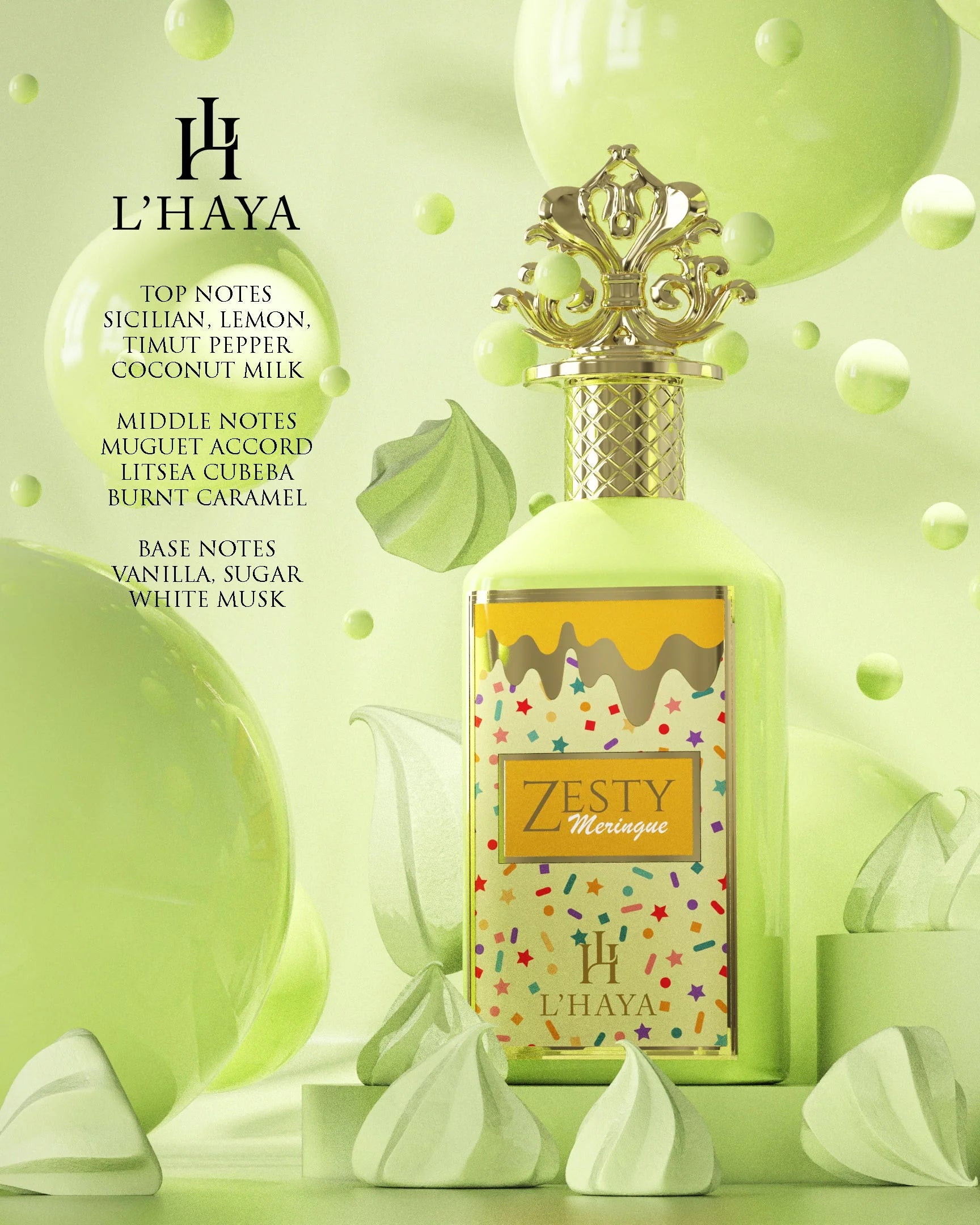 L’Haya Zesty Meringue Extrait de Parfum bottle with green luxury background