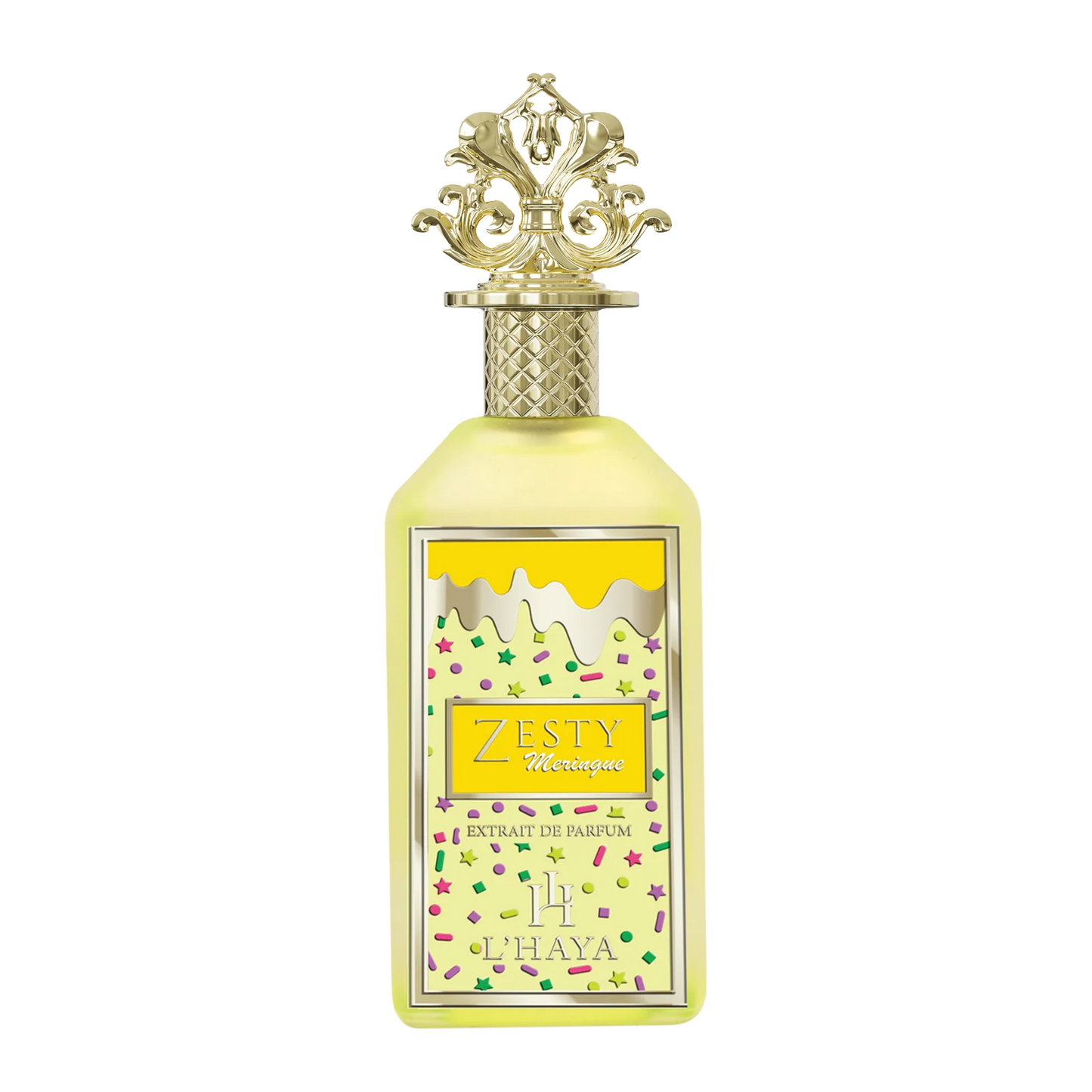 L’Haya Zesty Meringue Extrait de Parfum bottle with green luxury background