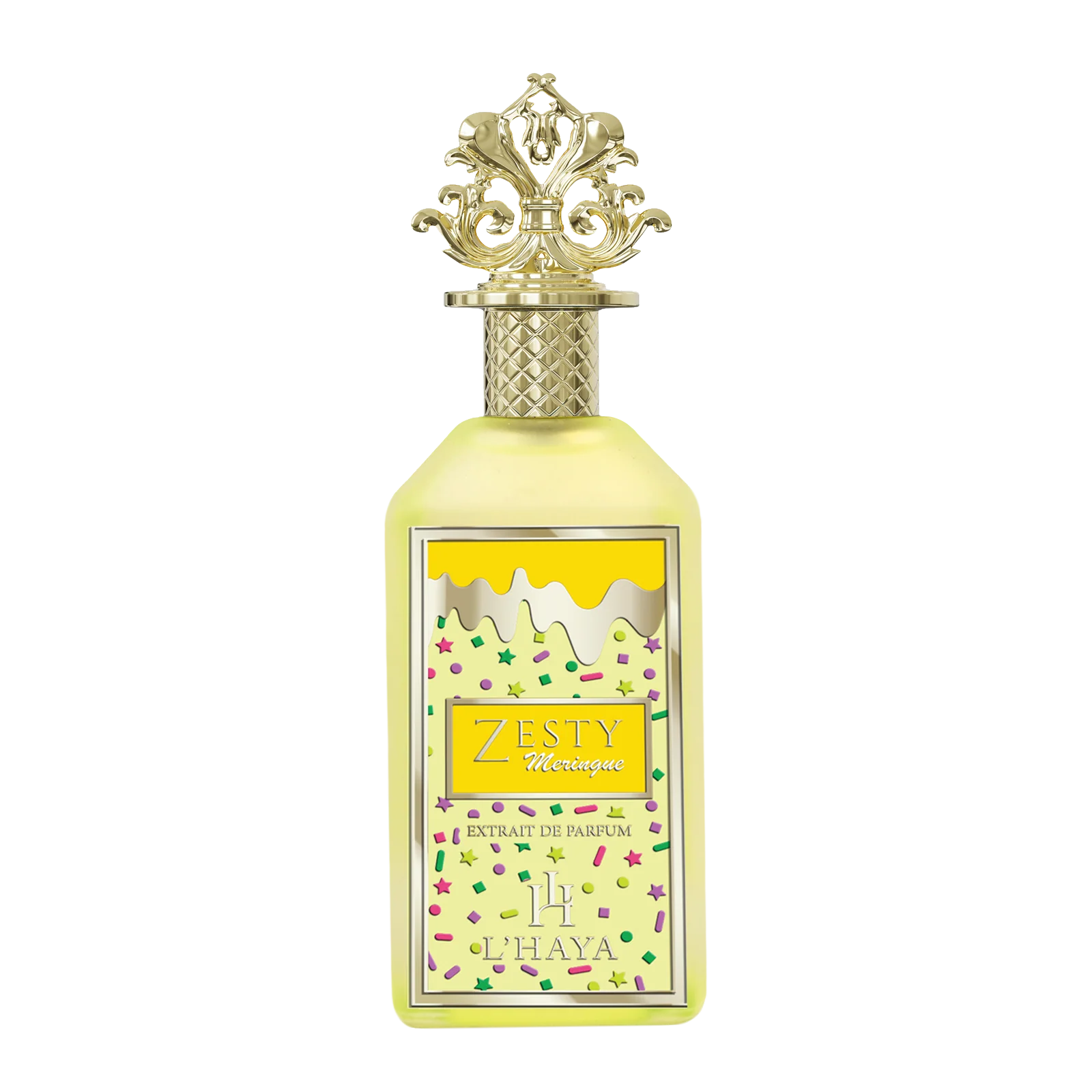L’Haya Zesty Meringue Extrait de Parfum bottle with green luxury background