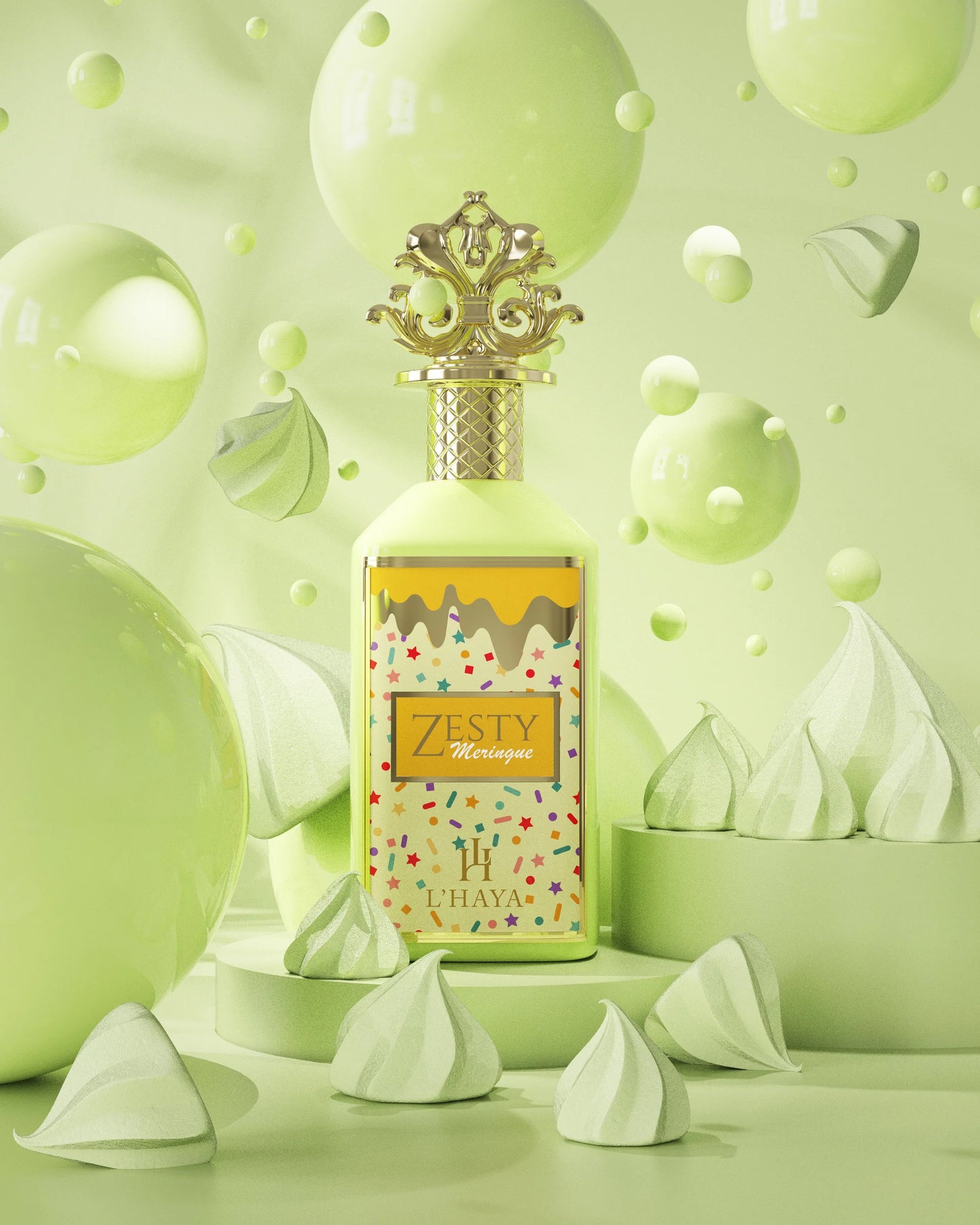 L’Haya Zesty Meringue Extrait de Parfum bottle with green luxury background