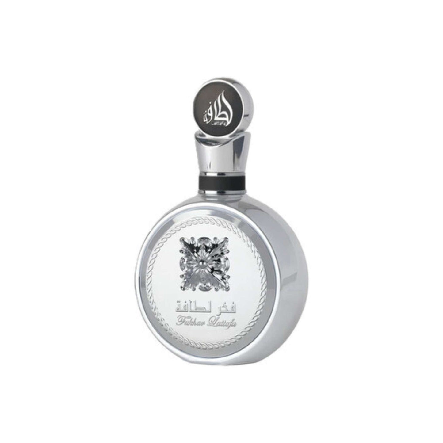 Lattafa Fakhar Platin 100 ml Eau de Parfum – bergamot pink pepper cardamom guava sandalwood incense unisex fragrance bottle on white background
