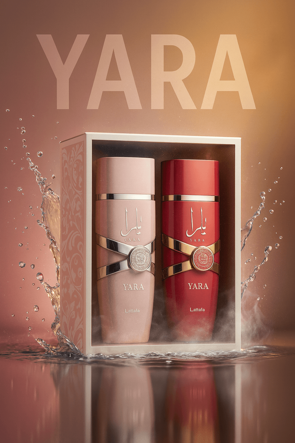 Two YARA bottles in a box with water splashes on a brown background