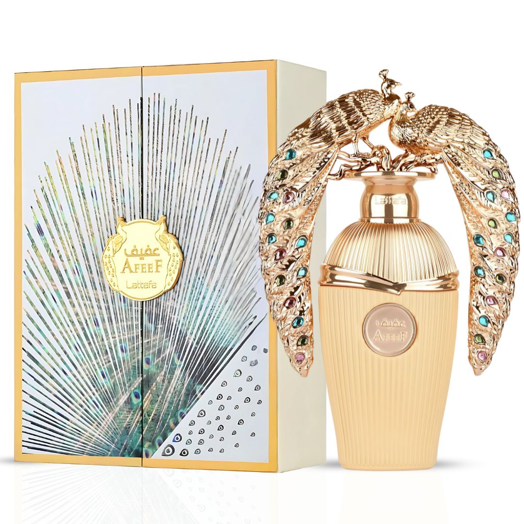 Shop Lattafa Afeef Eau de Parfum 100ml – a refined unisex fragrance with citrus, florals, woods, and musk. Long-lasting oriental luxury perfume.