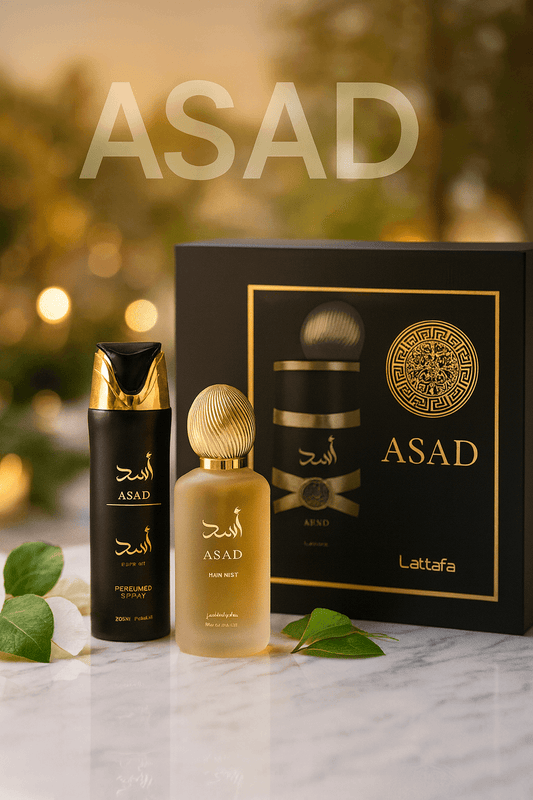 Shop Lattafa Asad 3 Piece Set – Eau de Parfum, Hair Mist, and Body Spray. A bold men’s fragrance gift set, powerful, elegant, and long-lasting