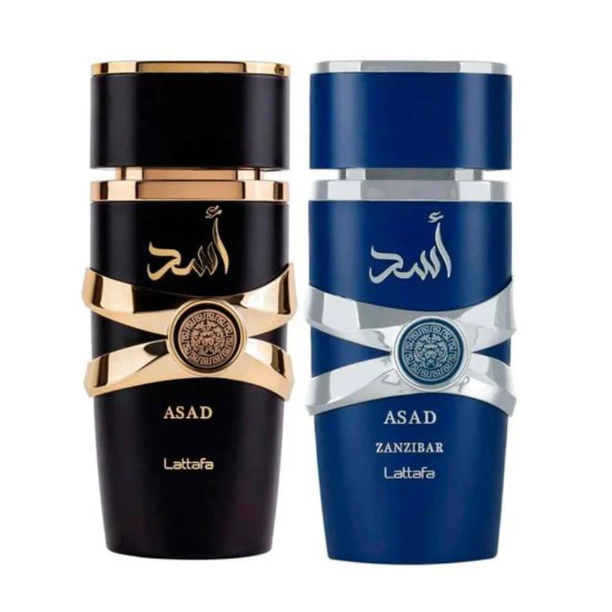 Lattafa Asad & Asad Zanzibar 100ml 5th Anniversary Gift Set – two men's fragrances bottle set on white background
