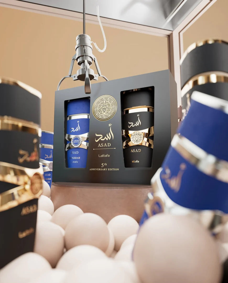 Lattafa Asad & Asad Zanzibar 100ml 5th Anniversary Gift Set – two men's fragrances bottle set on white background
