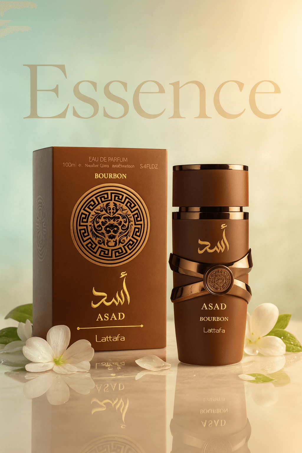 ASAD Lattafa perfume bottle and packaging with flowers on a reflective surface