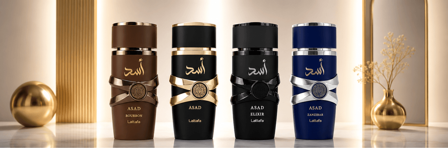 Lattafa Asad Collection 4-piece perfume bundle with Asad Bourbon, Asad, Asad Elixir, and Asad Zanzibar