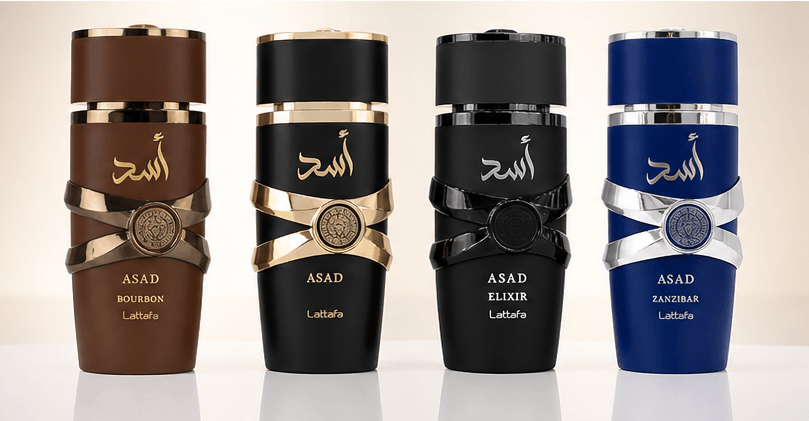 Lattafa Asad Collection 4-piece perfume bundle with Asad Bourbon, Asad, Asad Elixir, and Asad Zanzibar