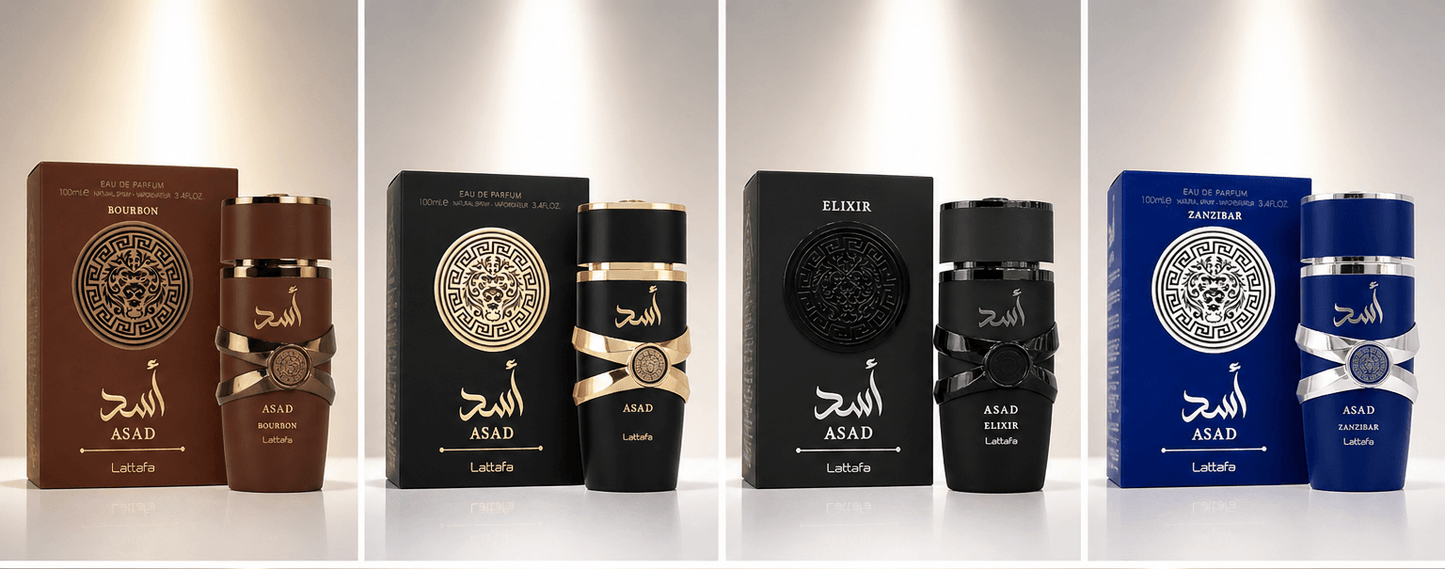 Lattafa Asad Collection 4-piece perfume bundle with Asad Bourbon, Asad, Asad Elixir, and Asad Zanzibar