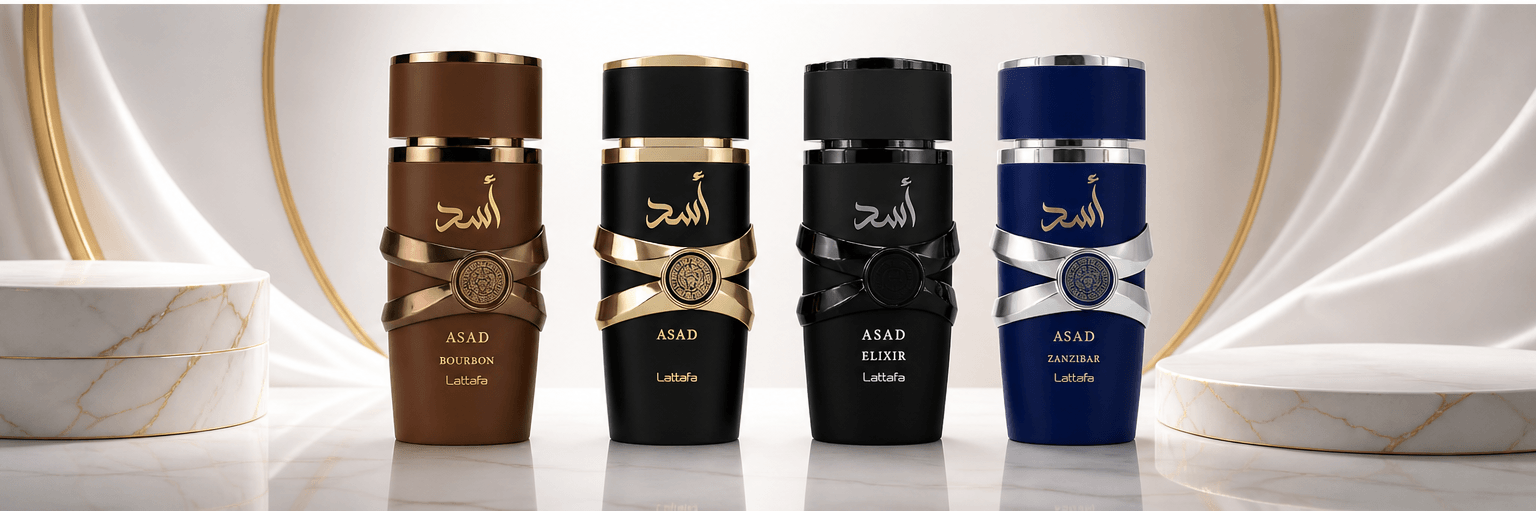 Lattafa Asad Collection 4-piece perfume bundle with Asad Bourbon, Asad, Asad Elixir, and Asad Zanzibar