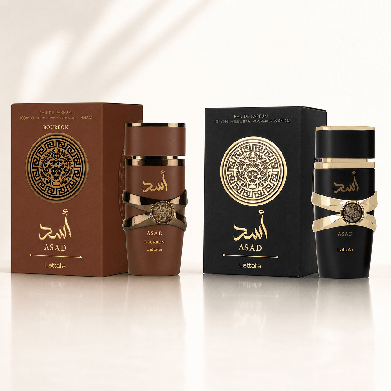 Lattafa Asad and Asad Bourbon Eau de Parfum bundle with two 100 ml bottles and boxes