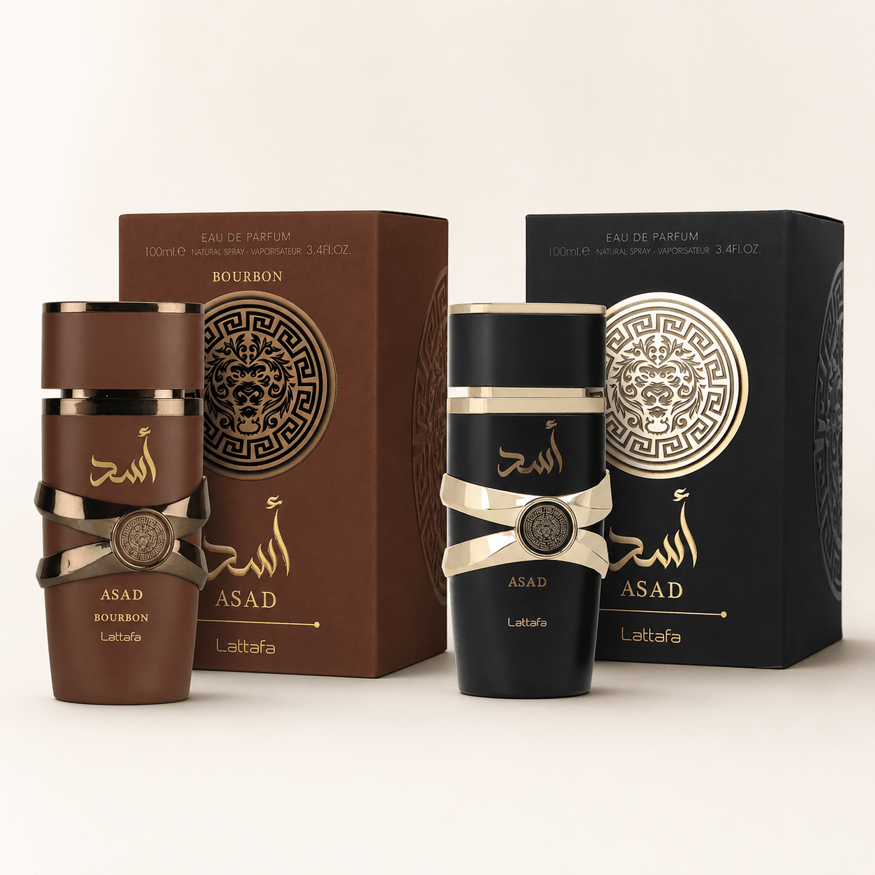 Lattafa Asad and Asad Bourbon Eau de Parfum bundle with two 100 ml bottles and boxes