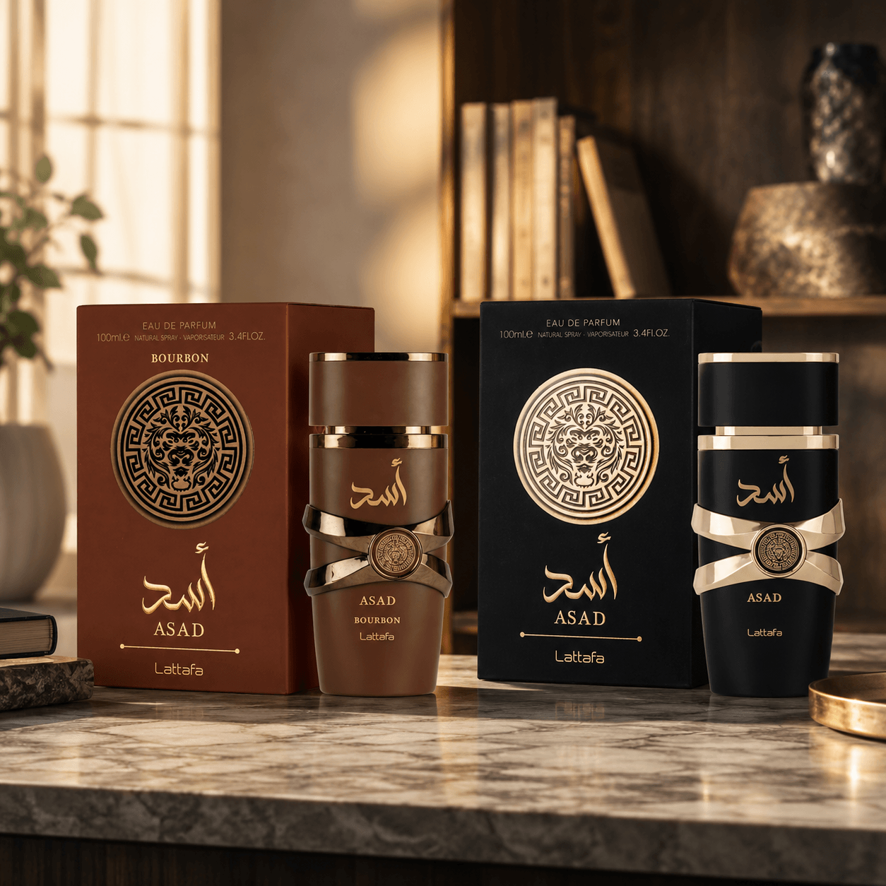 Lattafa Asad and Asad Bourbon Eau de Parfum bundle with two 100 ml bottles and boxes