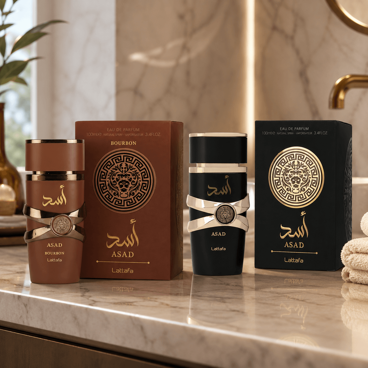 Lattafa Asad and Asad Bourbon Eau de Parfum bundle with two 100 ml bottles and boxes