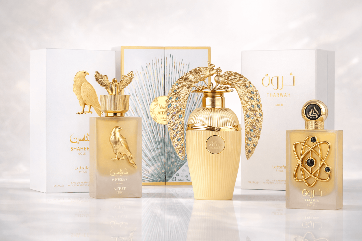 Lattafa fragrance bundle featuring Shaheen Gold, Afeef, and Tharwah Gold on a premium reflective background
