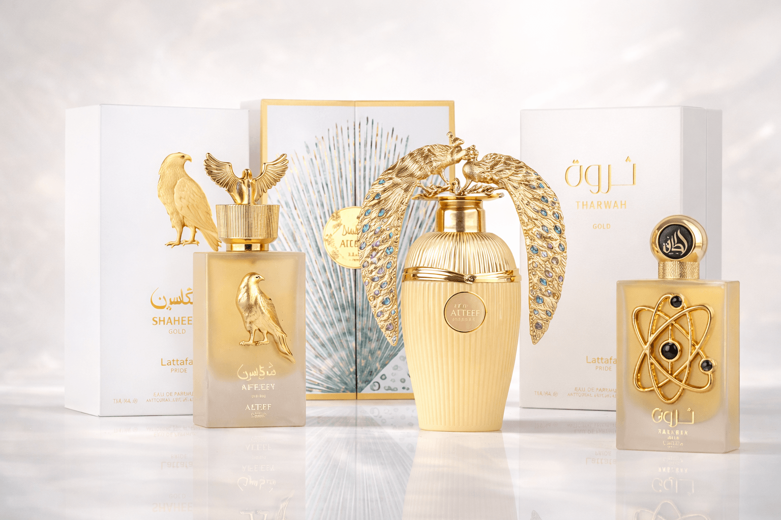 Lattafa fragrance bundle featuring Shaheen Gold, Afeef, and Tharwah Gold on a premium reflective background