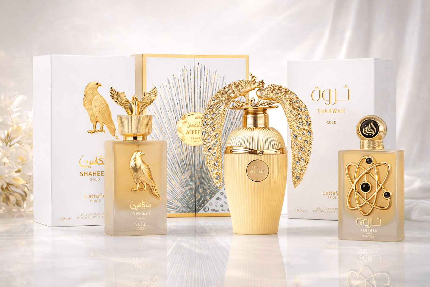 Lattafa fragrance bundle featuring Shaheen Gold, Afeef, and Tharwah Gold on a premium reflective background
