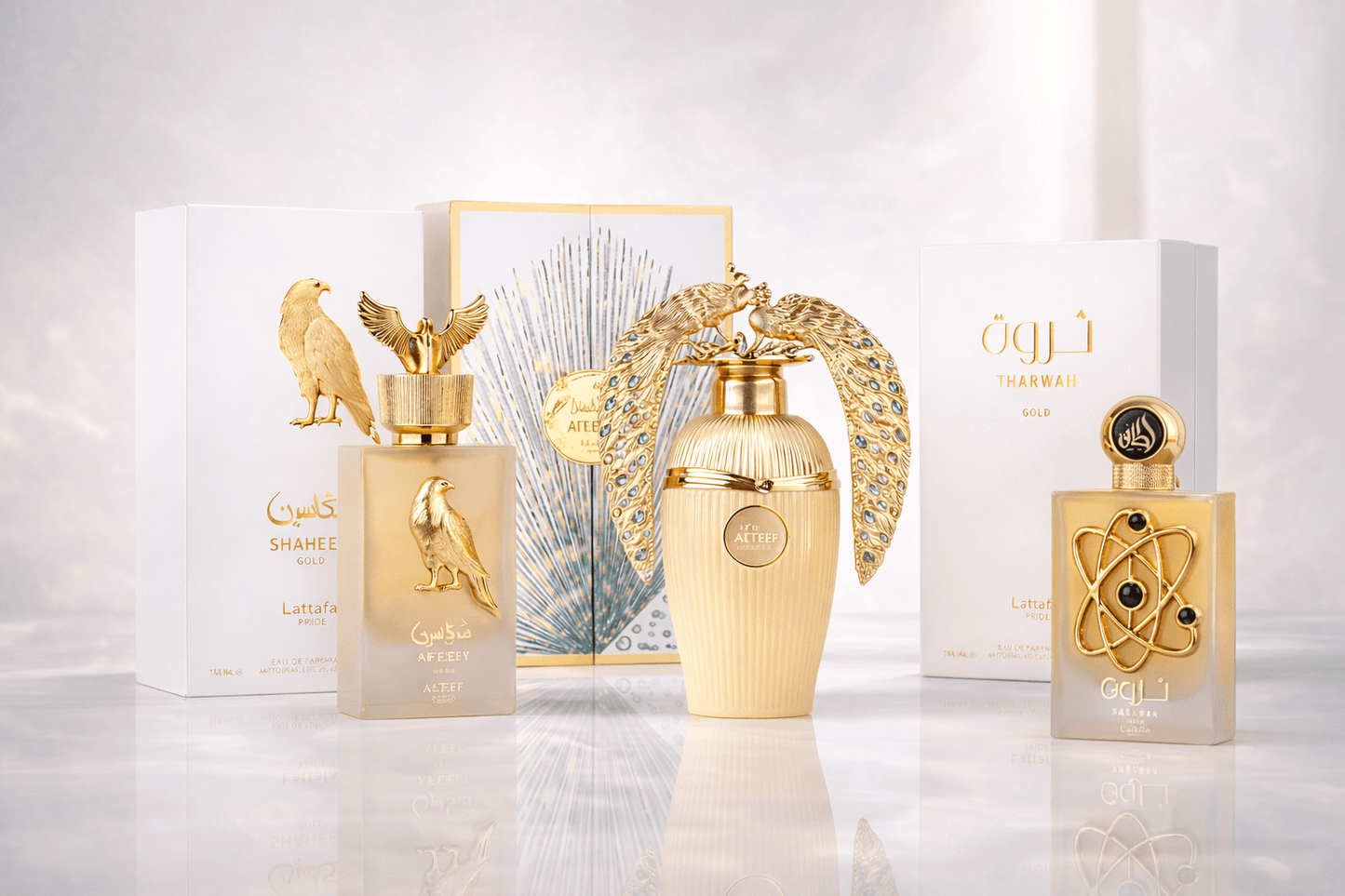 Lattafa fragrance bundle featuring Shaheen Gold, Afeef, and Tharwah Gold on a premium reflective background