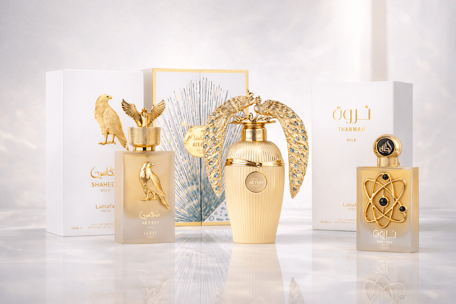 Lattafa fragrance bundle featuring Shaheen Gold, Afeef, and Tharwah Gold on a premium reflective background