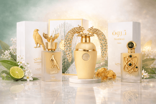 Lattafa fragrance bundle featuring Shaheen Gold, Afeef, and Tharwah Gold on a premium reflective background