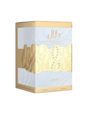 Lattafa Dalal Eau de Parfum 100ml (3.4oz) bottle with gold jeweled cap next to the Dalal retail box