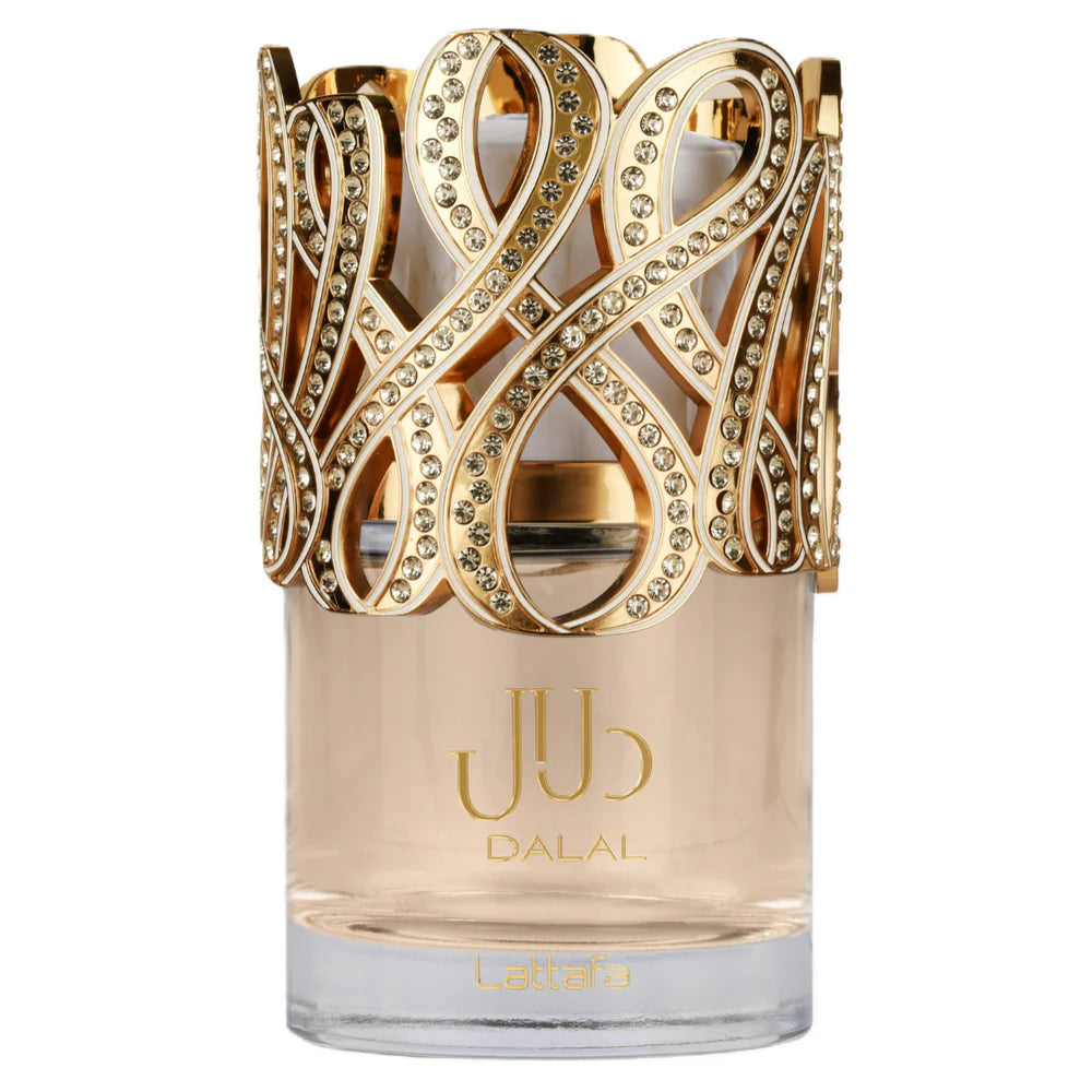 Lattafa Dalal Eau de Parfum 100ml (3.4oz) bottle with gold jeweled cap next to the Dalal retail box