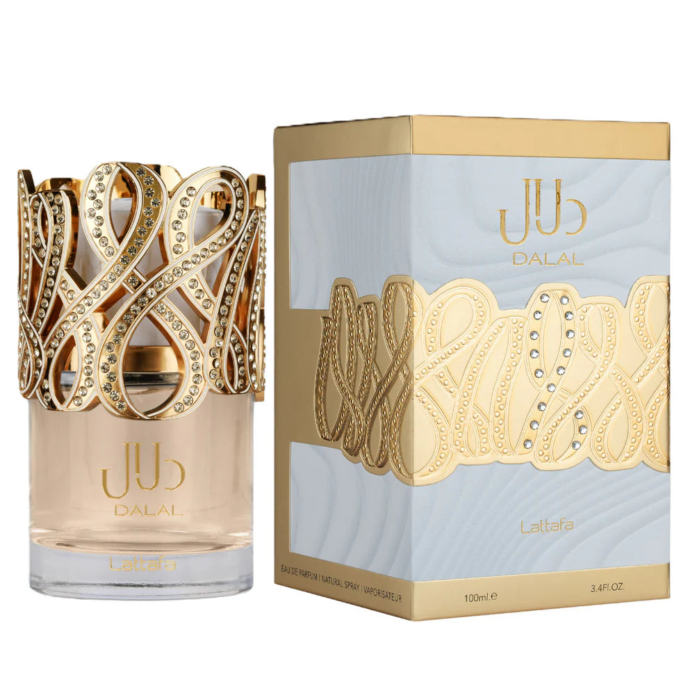 Lattafa Dalal Eau de Parfum 100ml (3.4oz) bottle with gold jeweled cap next to the Dalal retail box