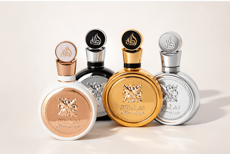 Lattafa Fakhar fragrance bundle featuring Women Black Gold and Silver perfume bottles luxury Middle Eastern perfume set