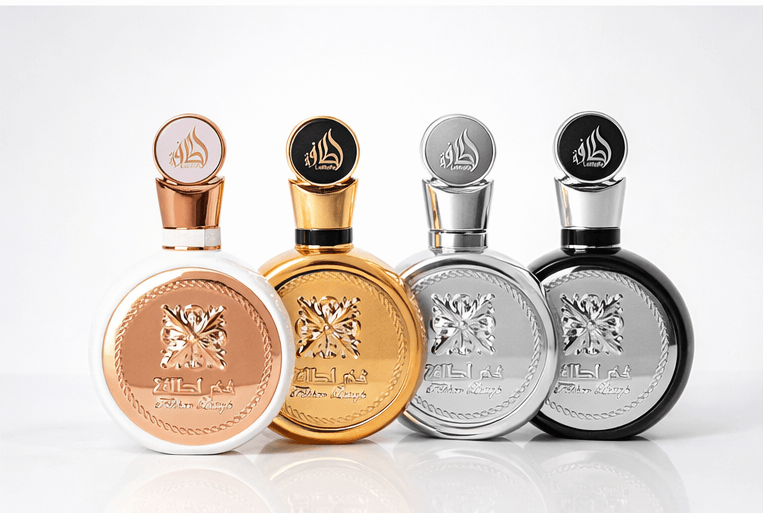 Lattafa Fakhar fragrance bundle featuring Women Black Gold and Silver perfume bottles luxury Middle Eastern perfume set