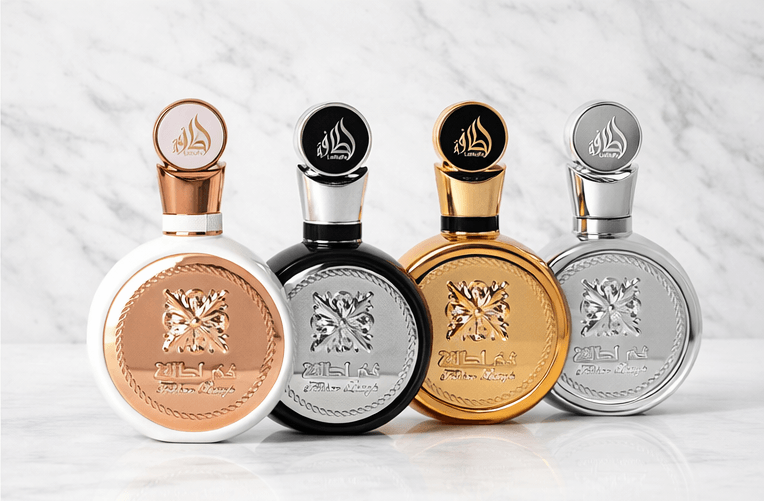 Lattafa Fakhar fragrance bundle featuring Women Black Gold and Silver perfume bottles luxury Middle Eastern perfume set