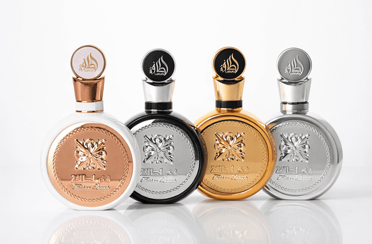Lattafa Fakhar fragrance bundle featuring Women Black Gold and Silver perfume bottles luxury Middle Eastern perfume set