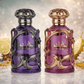 Lattafa Habik Duo Eau de Parfum bundle featuring purple and rose edition bottles displayed on marble surface with luxury background.