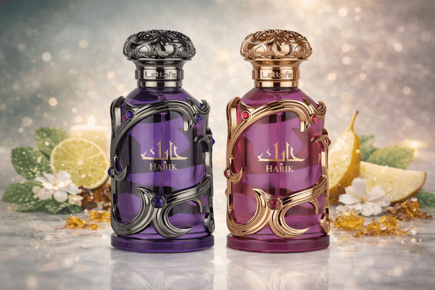 Lattafa Habik Duo Eau de Parfum bundle featuring purple and rose edition bottles displayed on marble surface with luxury background.