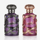 Lattafa Habik Duo Eau de Parfum bundle featuring purple and rose edition bottles displayed on marble surface with luxury background.