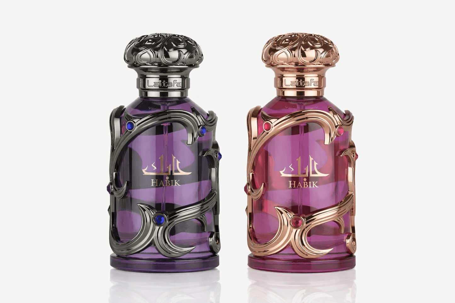 Lattafa Habik Duo Eau de Parfum bundle featuring purple and rose edition bottles displayed on marble surface with luxury background.