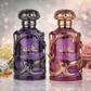 Lattafa Habik Duo Eau de Parfum bundle featuring purple and rose edition bottles displayed on marble surface with luxury background.