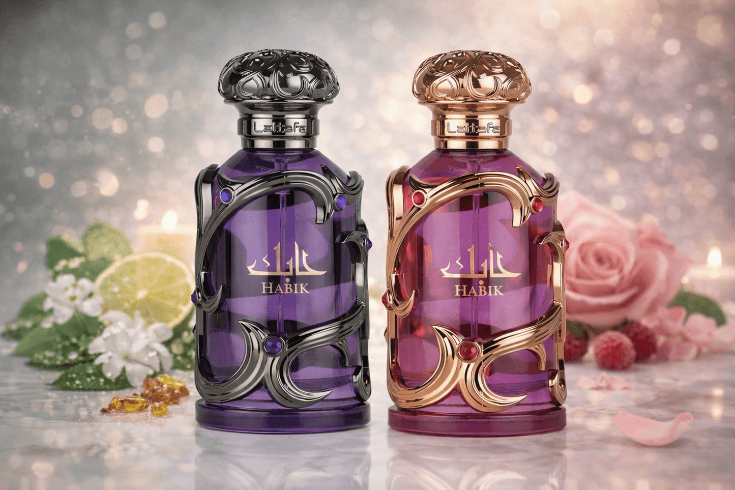 Lattafa Habik Duo Eau de Parfum bundle featuring purple and rose edition bottles displayed on marble surface with luxury background.