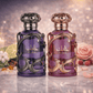 Lattafa Habik Duo Eau de Parfum bundle featuring purple and rose edition bottles displayed on marble surface with luxury background.