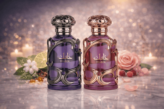Lattafa Habik Duo Eau de Parfum bundle featuring purple and rose edition bottles displayed on marble surface with luxury background.