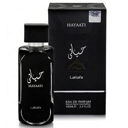Lattafa Hayaati 100 ml Eau de Parfum – apple bergamot cinnamon woodsy notes musk vanilla men’s fragrance bottle on white background