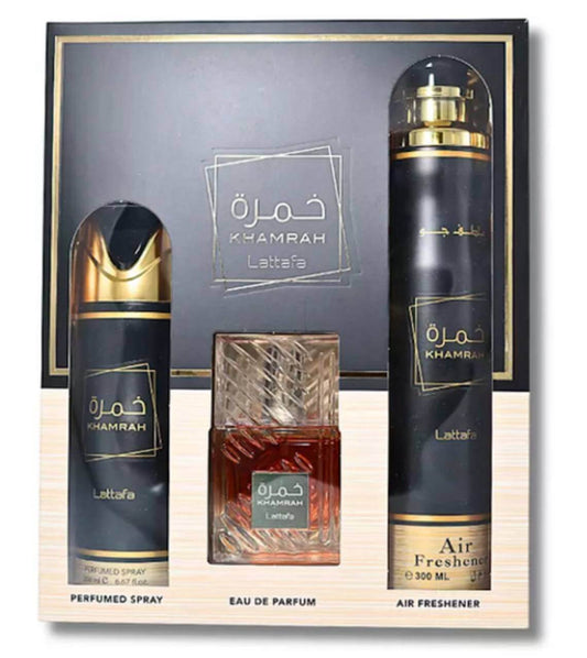 Shop Lattafa Khamrah 3 Piece Gift Set – Eau de Parfum, Perfumed Spray, and Air Freshener. A luxurious collection with gourmand-spicy notes, elegant and long-lasting.