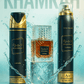 Shop Lattafa Khamrah 3 Piece Gift Set – Eau de Parfum, Perfumed Spray, and Air Freshener. A luxurious collection with gourmand-spicy notes, elegant and long-lasting.